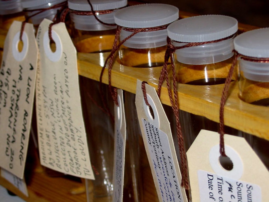 Test tubes of patented sound samples captured in public spaces